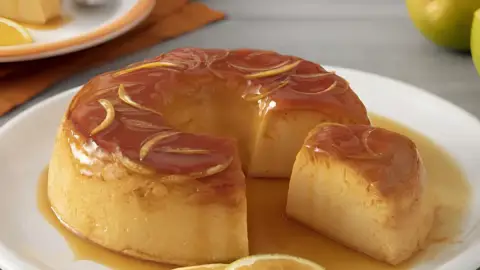 Um prato com um pudim de laranja feito com receita portuguesa.