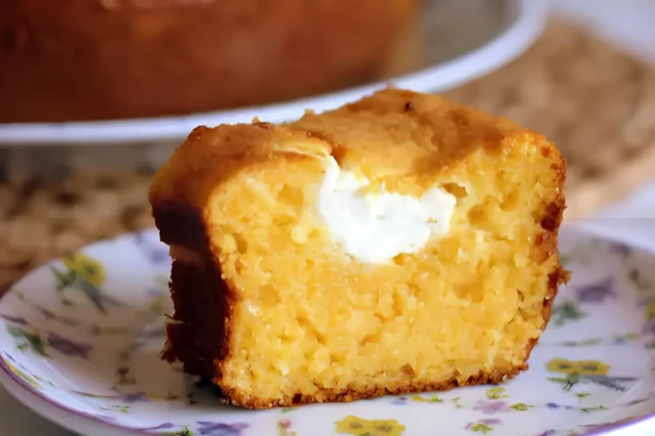 Um prato com um pedaço de bolo de flocão de milho com requeijão.