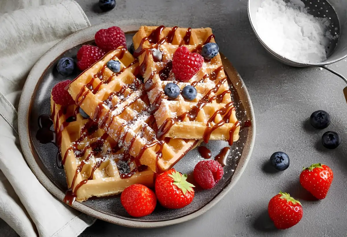 Waffles de baunilha low carb com frutas frescas.