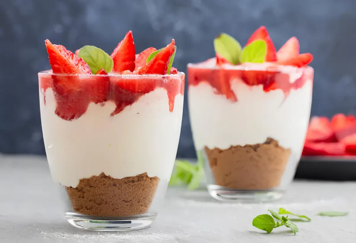 Dois Copos de cheesecake de morango low carb.