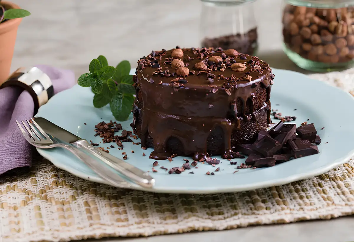 Um prato com um Bolo de avelã com chocolate low carb em cima de uma mesa para ser servido.