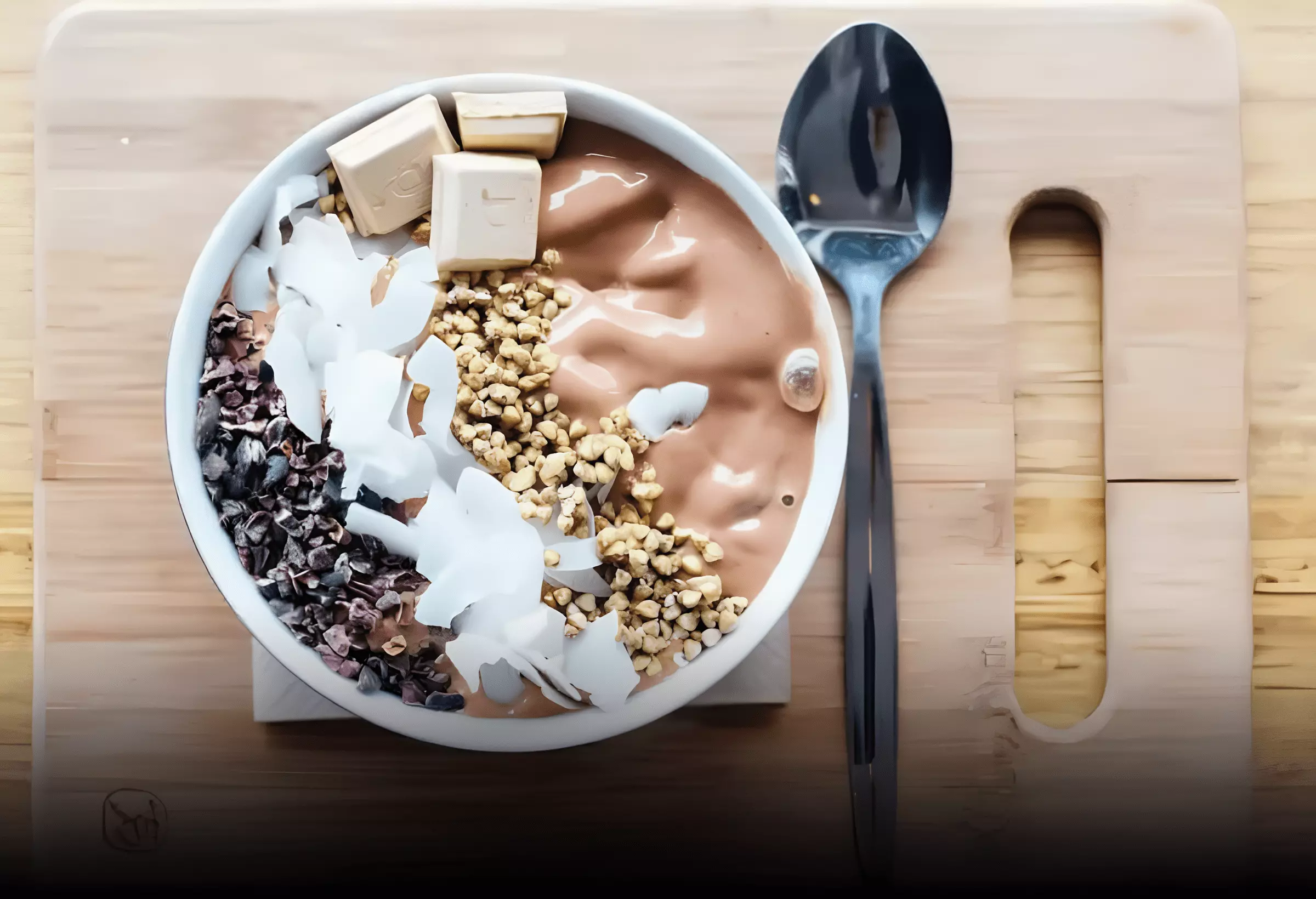 uma tigela com Smoothie bowl de coco e cacau e uma colher em cima de uma tábua de carne pronto para ser servido,