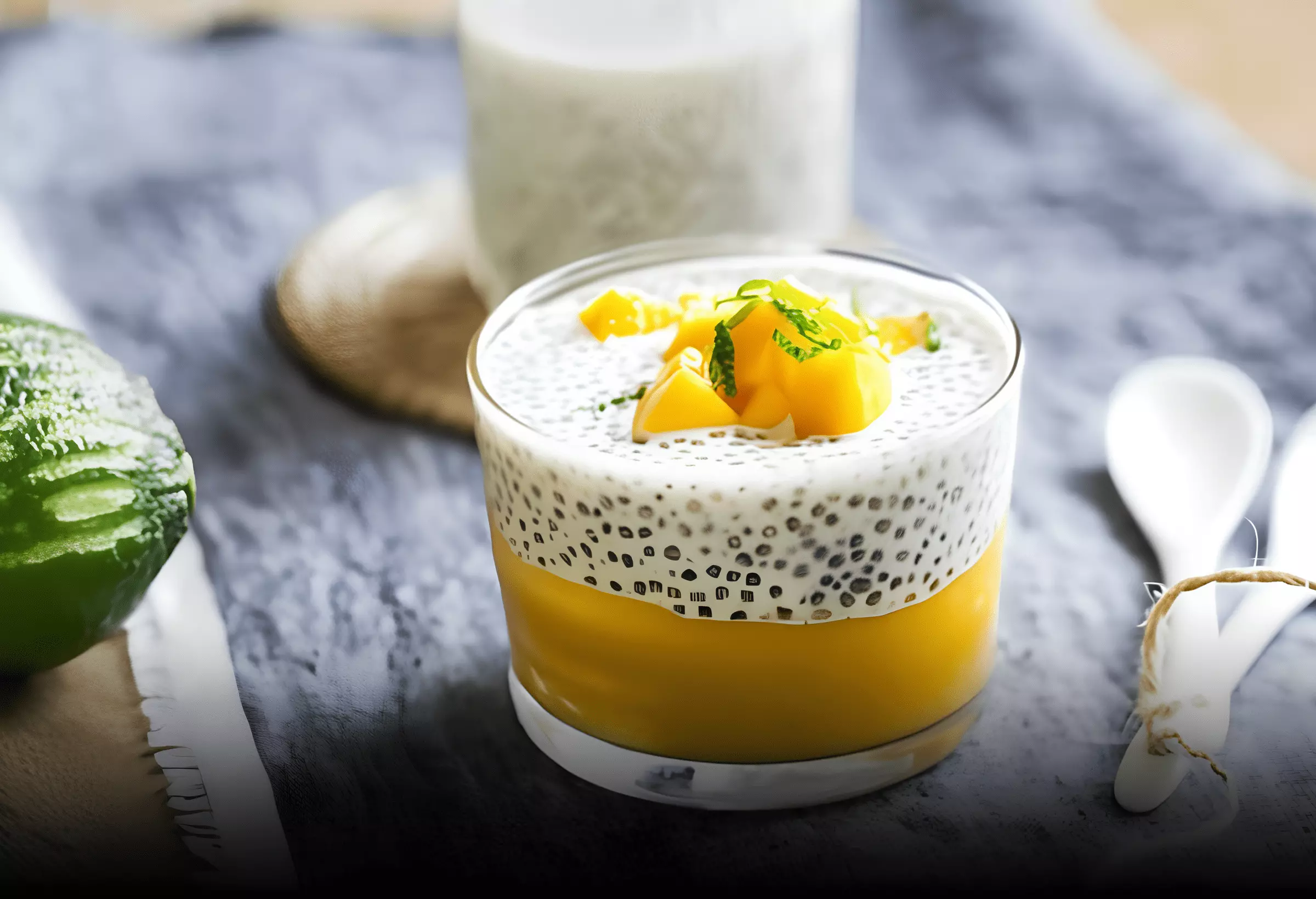 Pudim de chia low carb com leite de amêndoa e manga em uma mesa prontos para serem servidos.