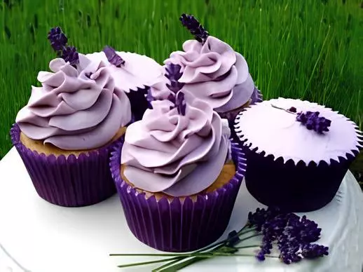 vários cupcakes de lavanda em um prato prontos para serem servidos.