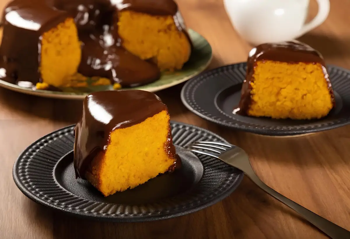 Pratinhos com fatias de bolo de cenoura fofinho.