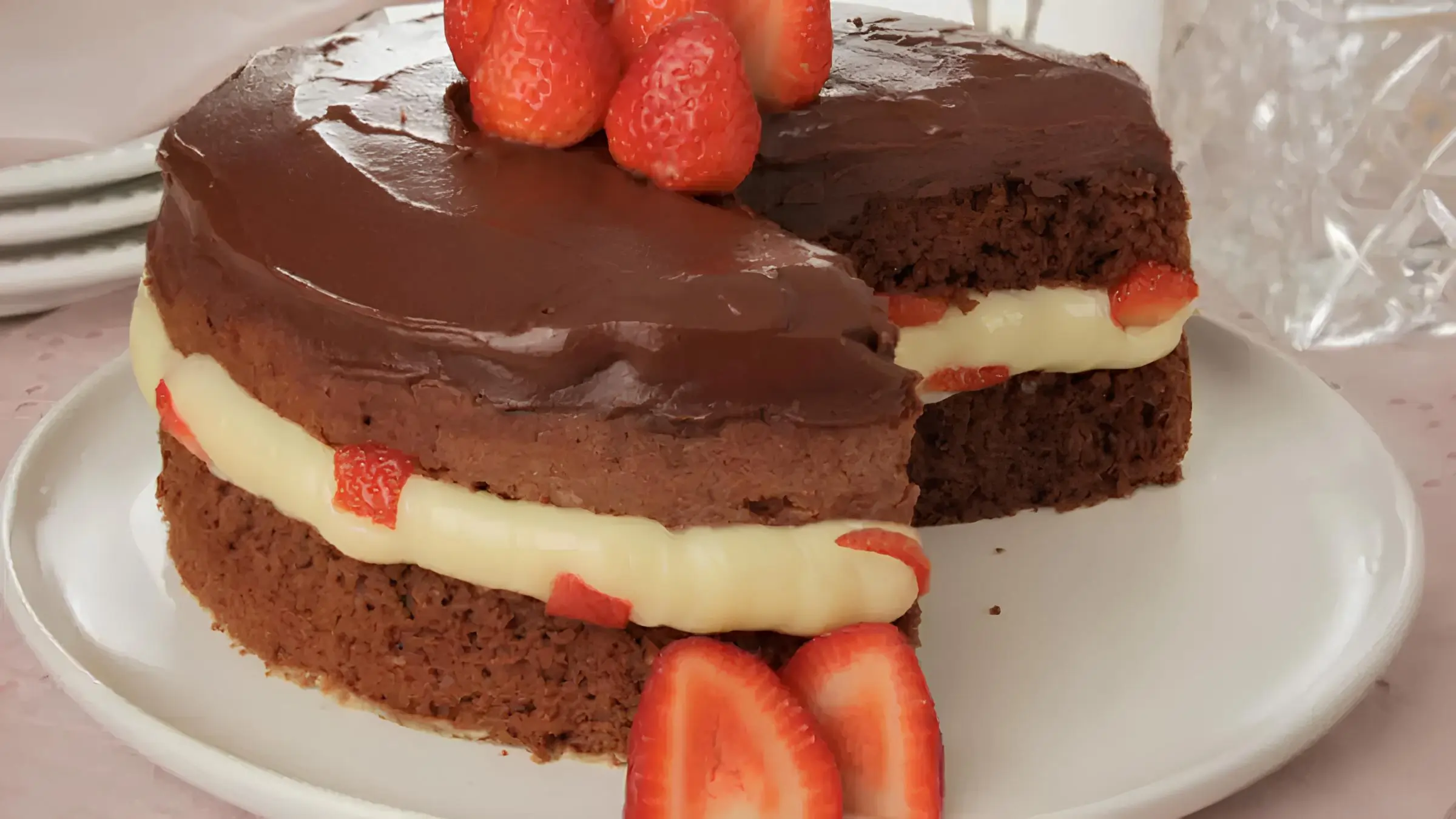 Um prato com um bolo de chocolate decorado para uma ocasião especial.