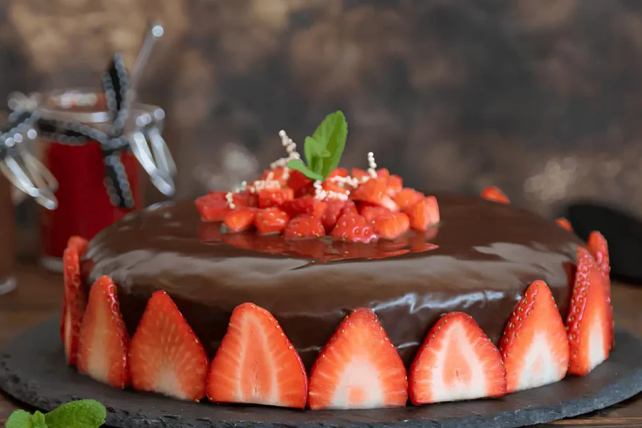 Um prato com bolo de chocolate com morango em cima da mesa.