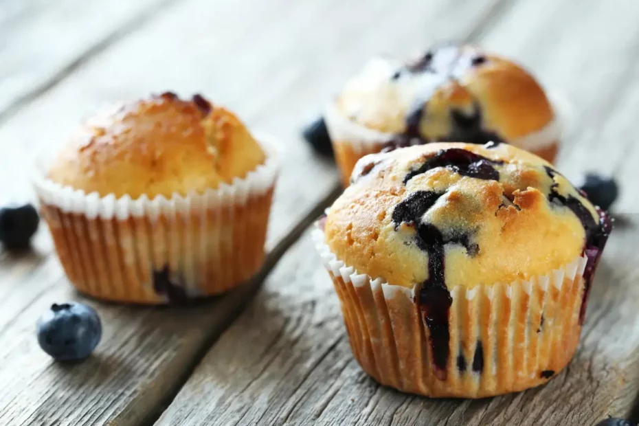 três Muffins de baunilha e mirtilo low carb em cima de uma mesa.