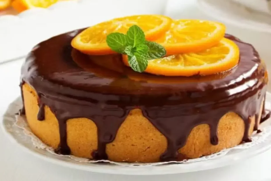 Uma travessa com Bolo de laranja low carb com calda de chocolate.