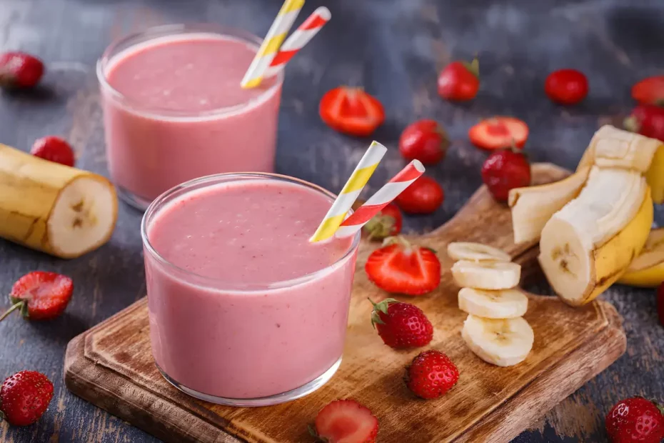 Dois copos com vitamina com iogurte banana e morango