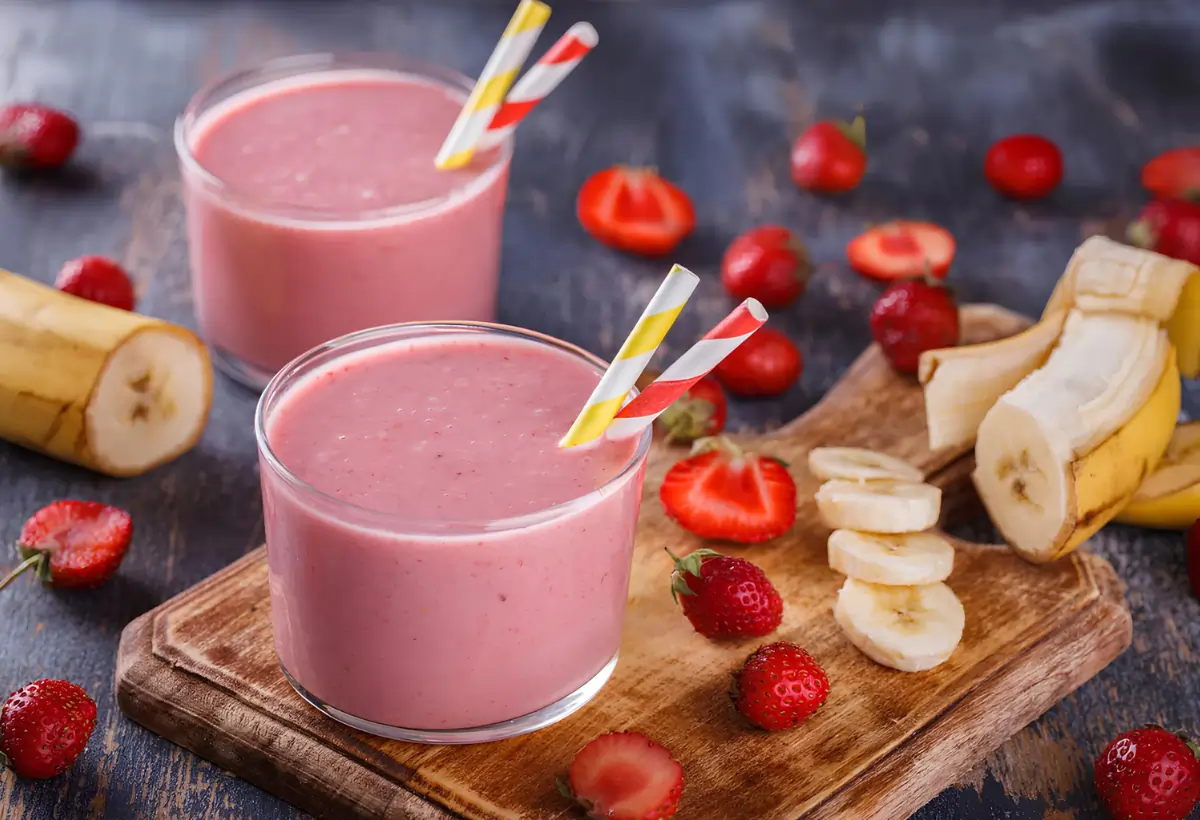 Dois copos com vitamina com iogurte banana e morango