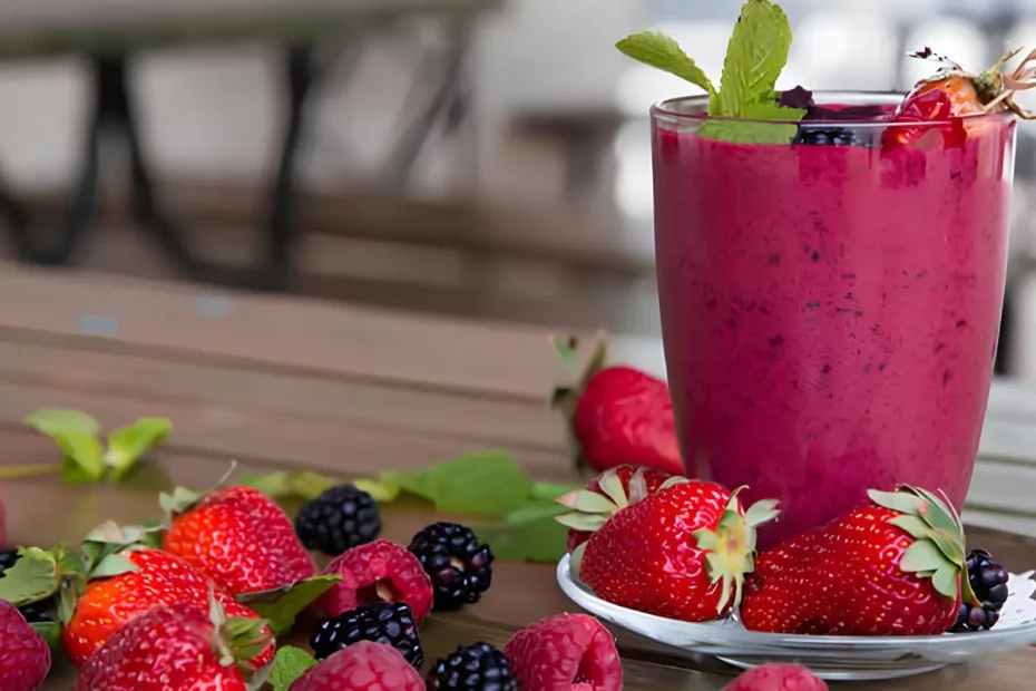 Uma taça com Vitamina de frutas vermelhas com aveia em cima de uma mesa.