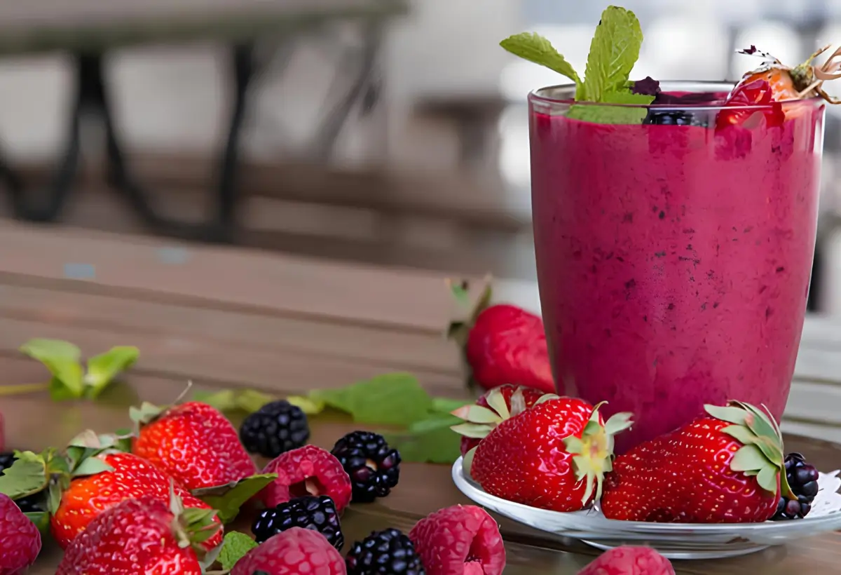 Uma taça com Vitamina de frutas vermelhas com aveia em cima de uma mesa.