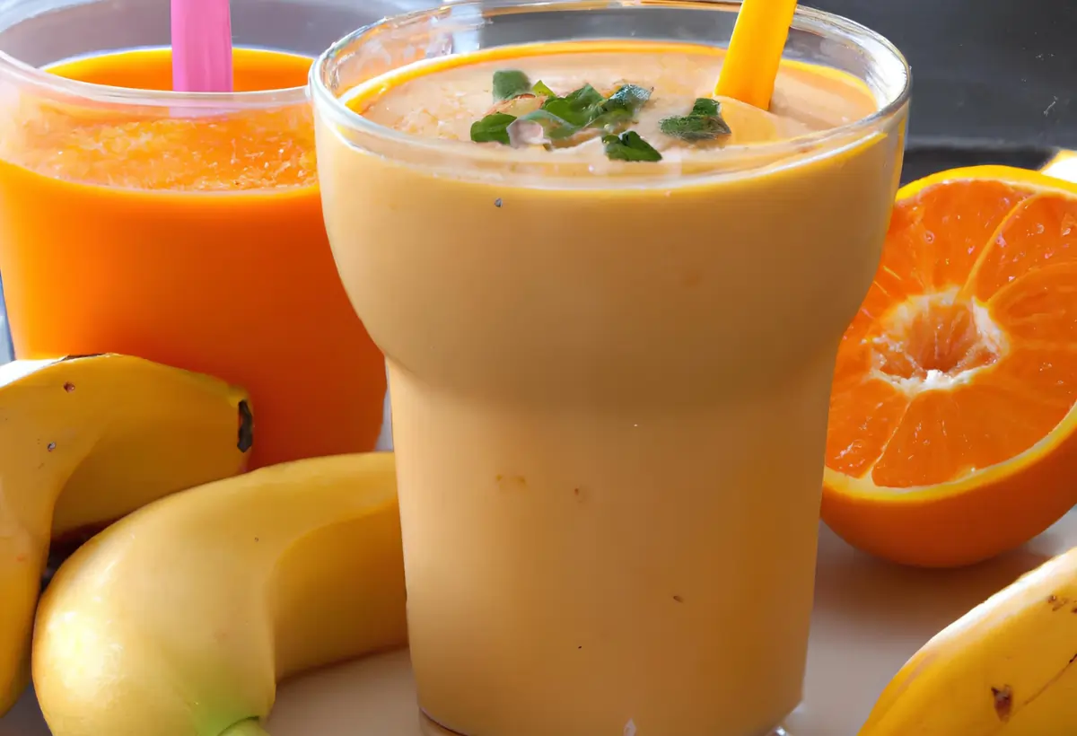 Uma taça de vitamina de banana com laranja.