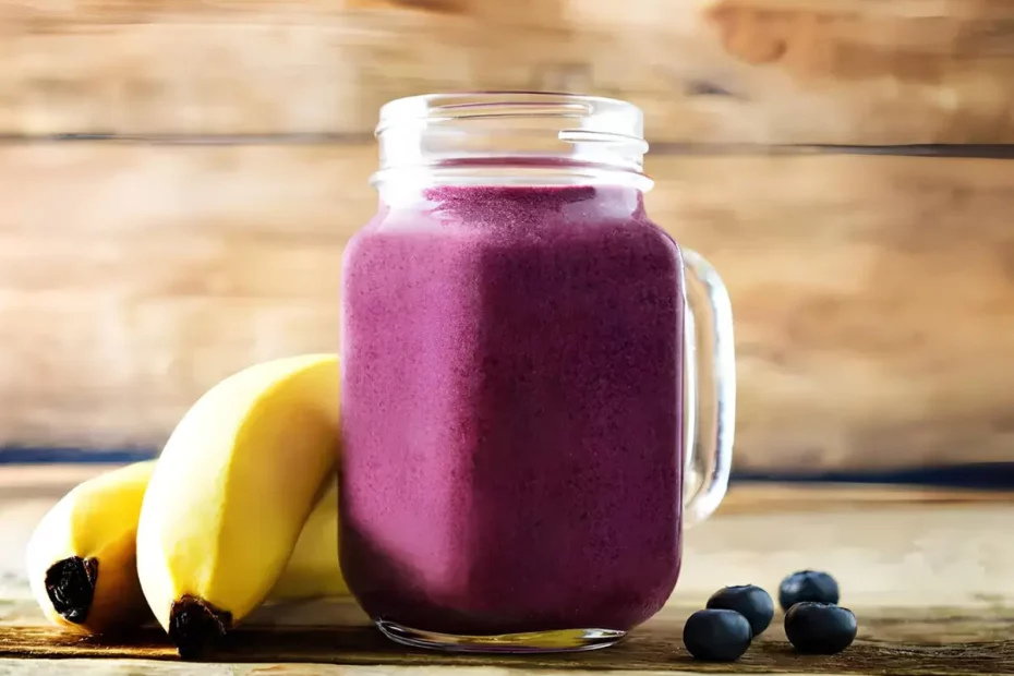 Um copo com Vitamina de açaí com banana e whey protein