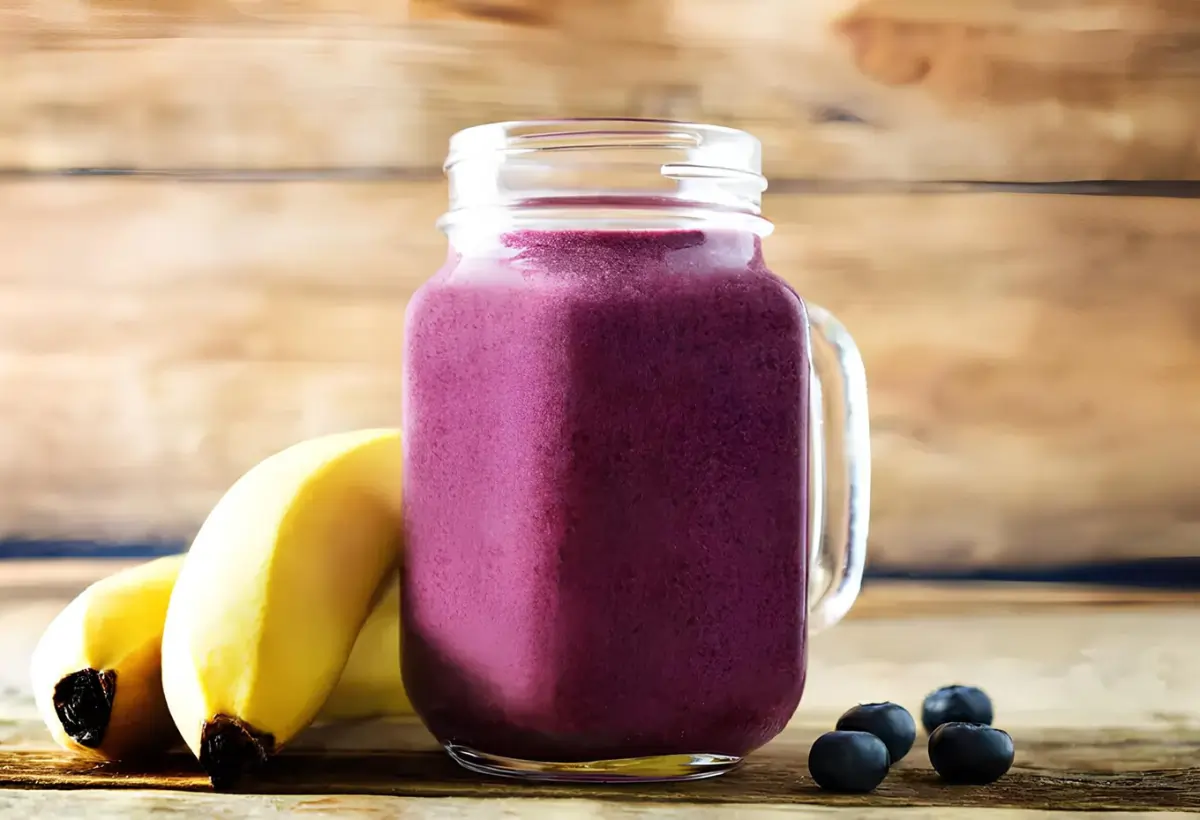 Um copo com Vitamina de açaí com banana e whey protein