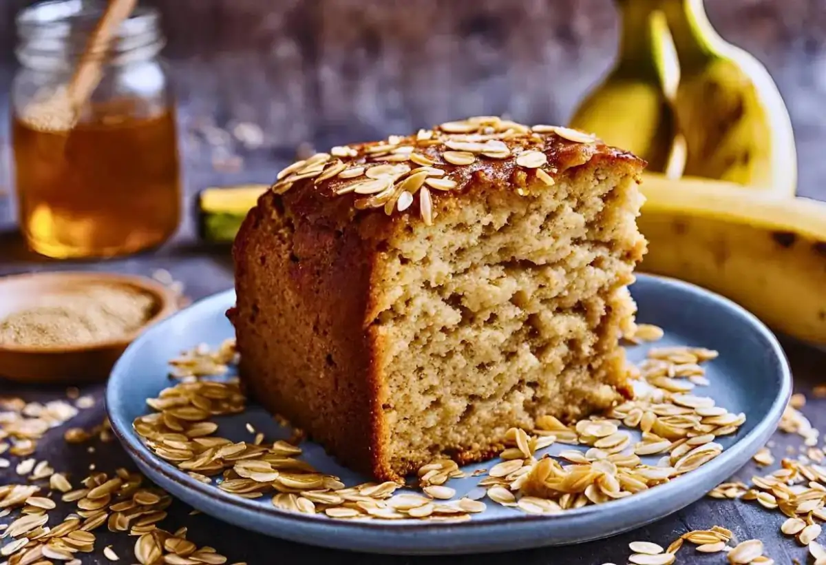 Um prato com Bolo de Banana, Aveia e Mel , em volta um pote de mel e um cacho pequeno de bananas.