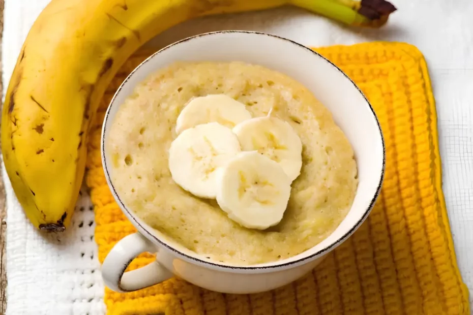 Um recheio de banana para bolos em uma caneca.