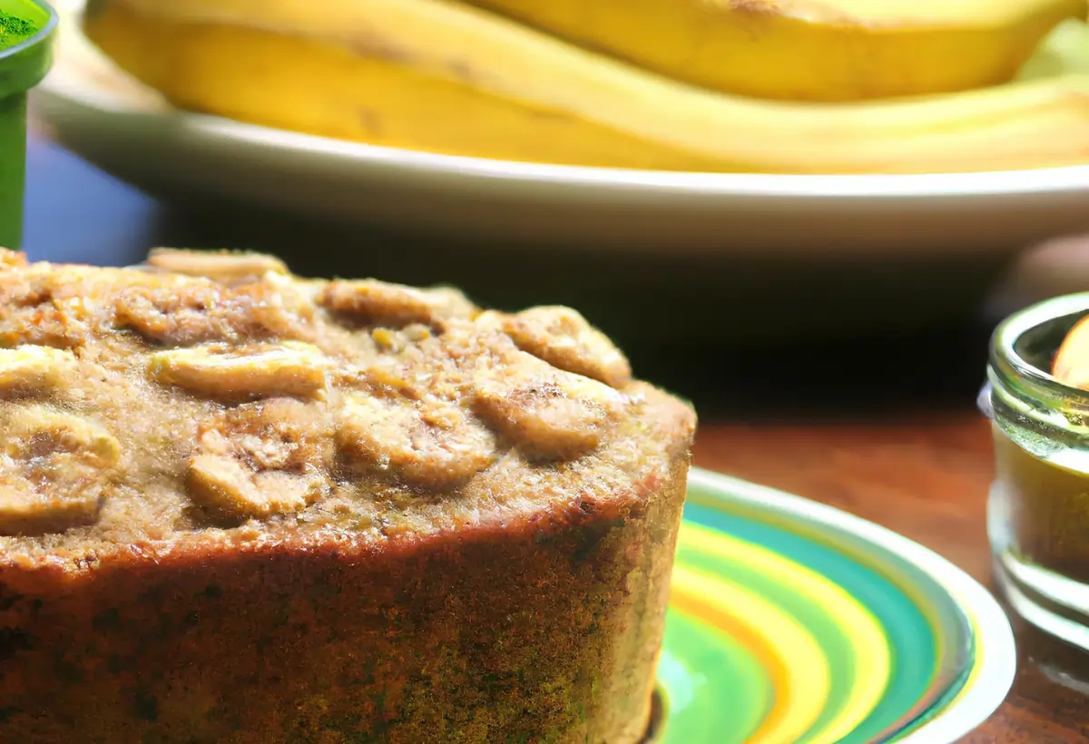 Um prato com um Bolo de Farinha de Banana Verde.