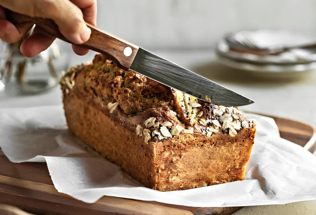 Um bolo de banana sem óleo pronto para ser servido.