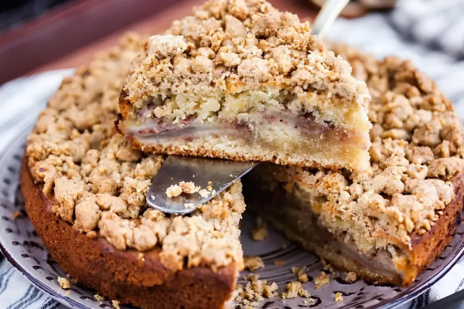 Um bolo de banana com farofa crocante.