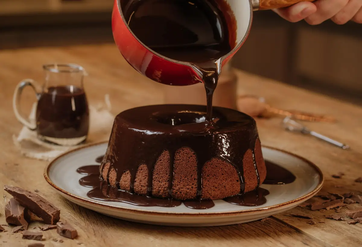 Uma mesa preparada com um bolo de chocolate feito na airfryer.