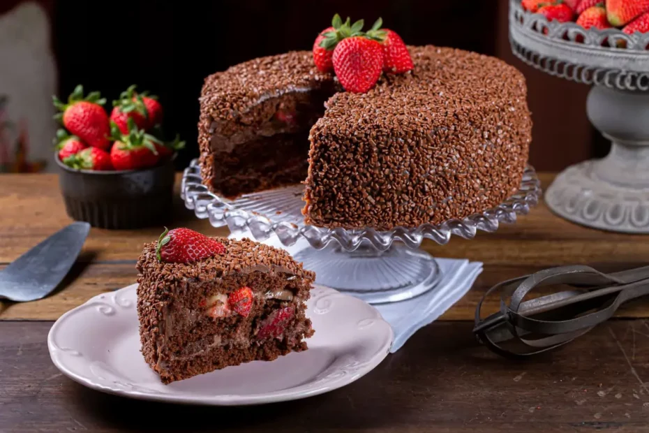 Um bolo de chocolate com recehio de brigadeiro e cobertura com granulados e morangos em uma mesa pronto para ser servido.