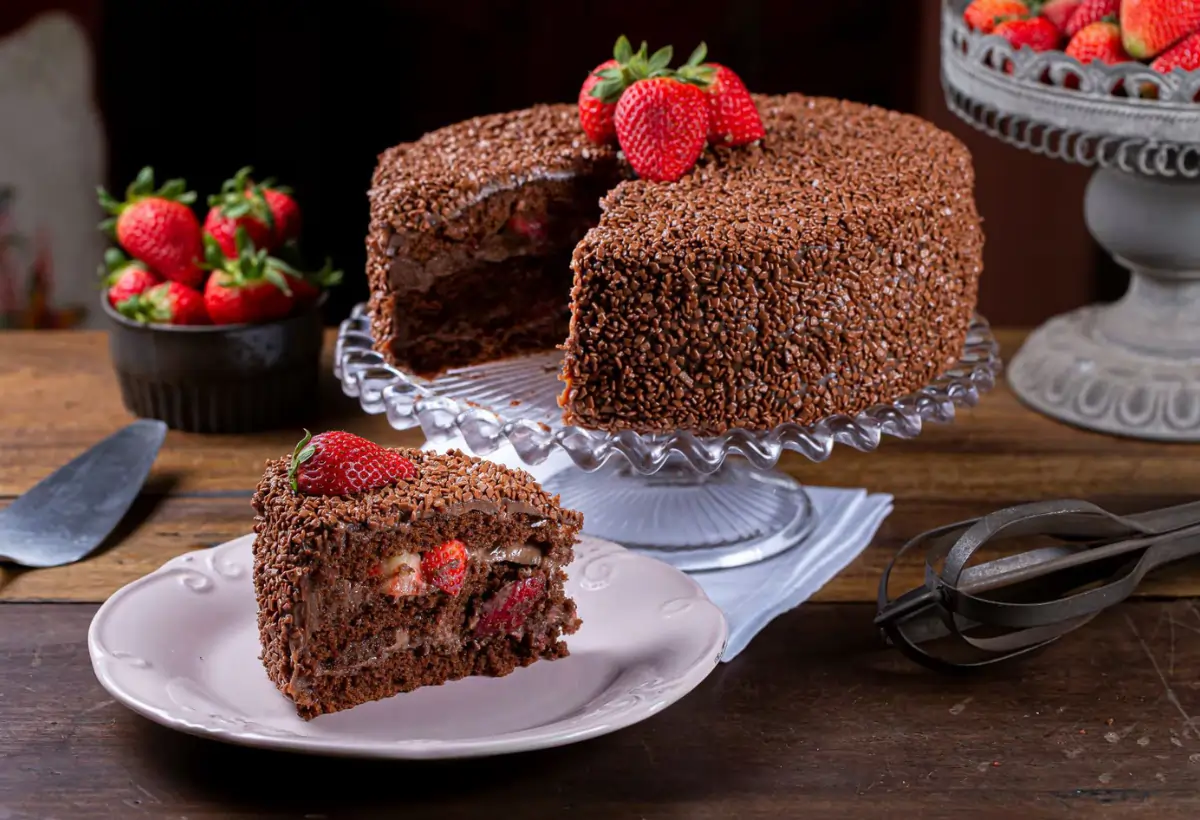 Um bolo de chocolate com recehio de brigadeiro e cobertura com granulados e morangos em uma mesa pronto para ser servido.