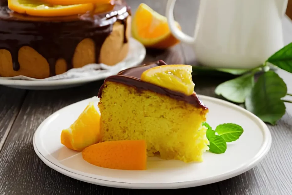 Uma mesa preparada para café com bolo de laranja com cobertura de chocolate.