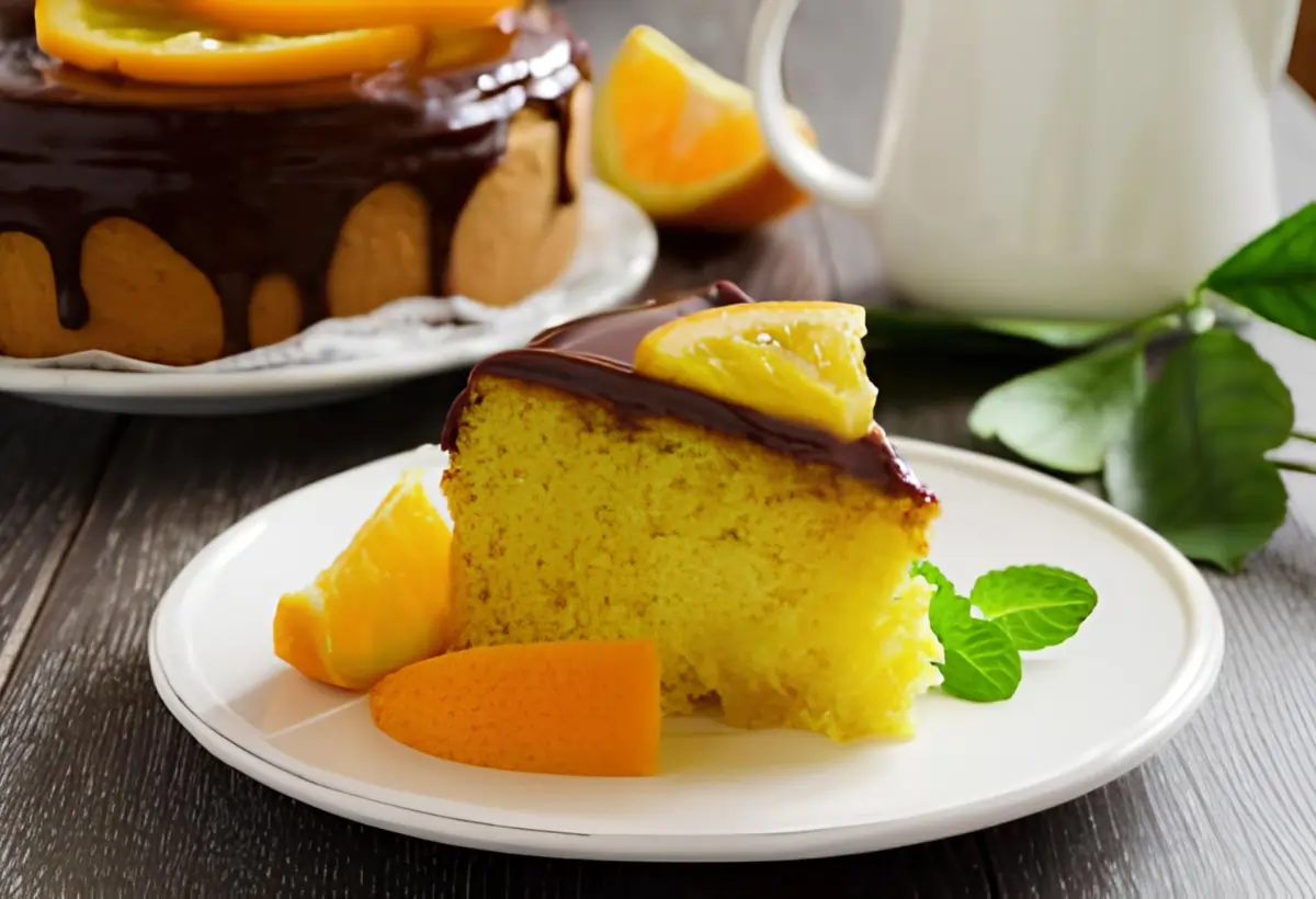 Uma mesa preparada para café com bolo de laranja com cobertura de chocolate.