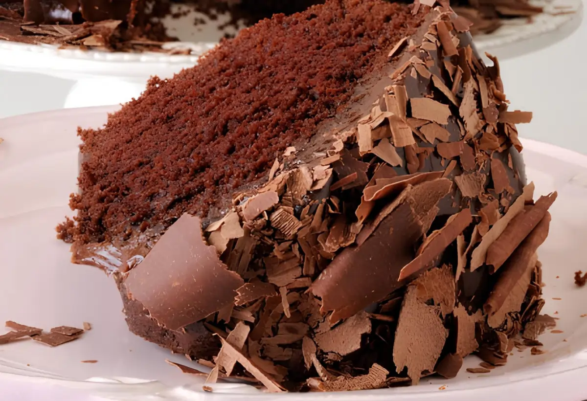 Um prato com uma fatia de bolo de chocolate com raspas de chocolate.