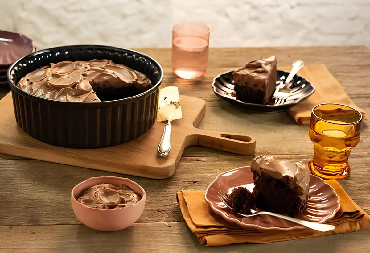 Um mesa preparada com um bolo fudge de chocolate.