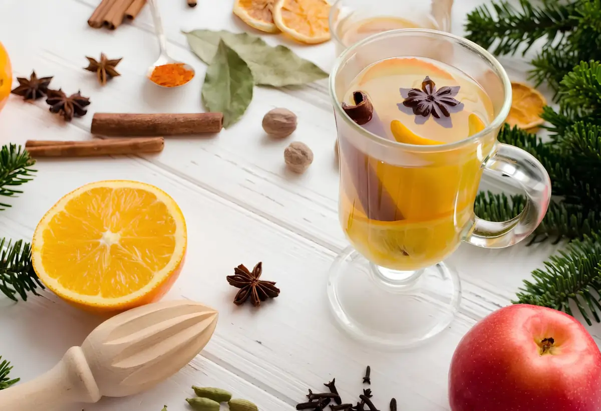 Uma taça com quentão de vinho branco e ao lado decorada com canela em pau, laranjas, folhas de loro.