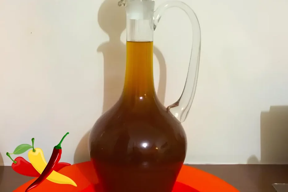 Uma garrafa de vidro com licor de jenipapo com pimenta.