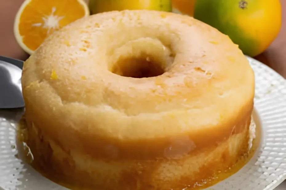 Um prato com um bolo de laranja de batedeira