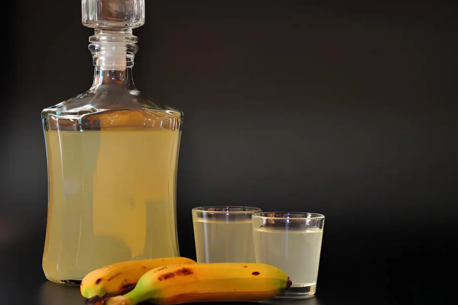 Uma garrafa e dois copos de cachaça de banana.