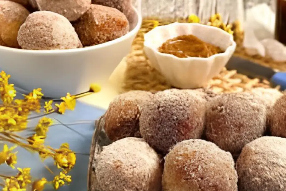 Uma mesa com tigela e bolinhos de chuva feito com leite em pó dentro.