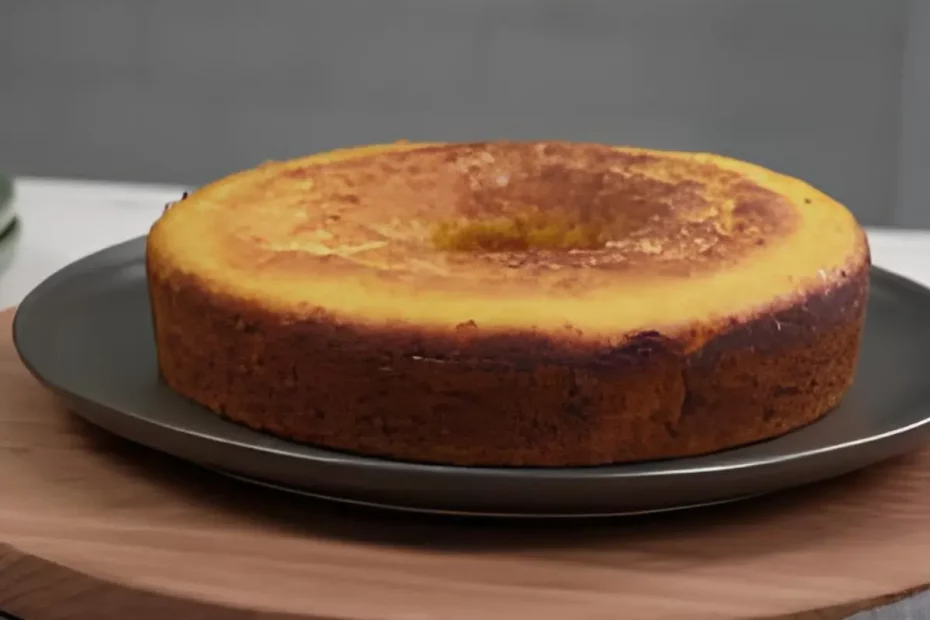 Uma forma redonda om um bolo de fubá com coalhada.