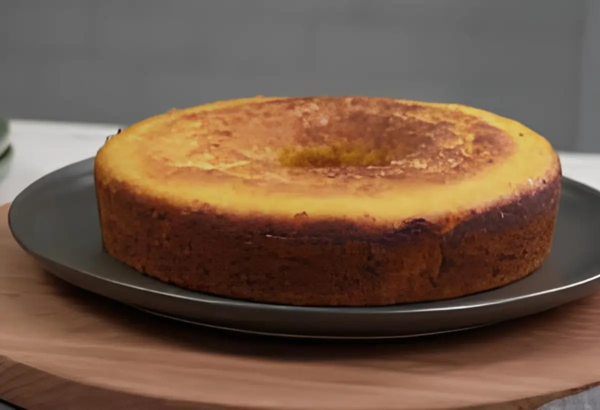 Uma forma redonda om um bolo de fubá com coalhada.