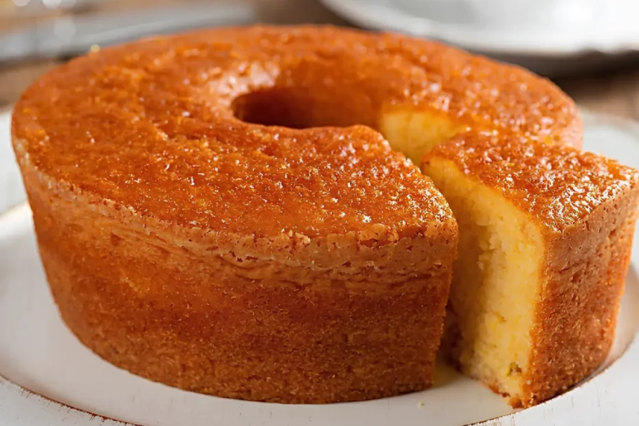 Um prato com bolo de fubá na panela de pressão.