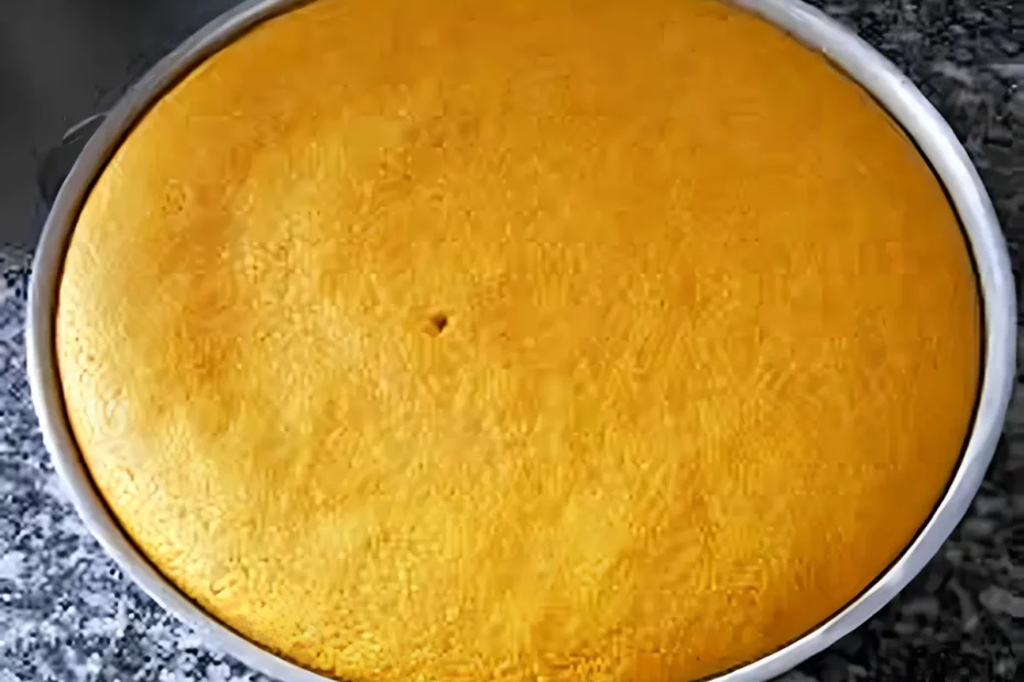 Uma forma de bolo de fubá feito sem fermento.