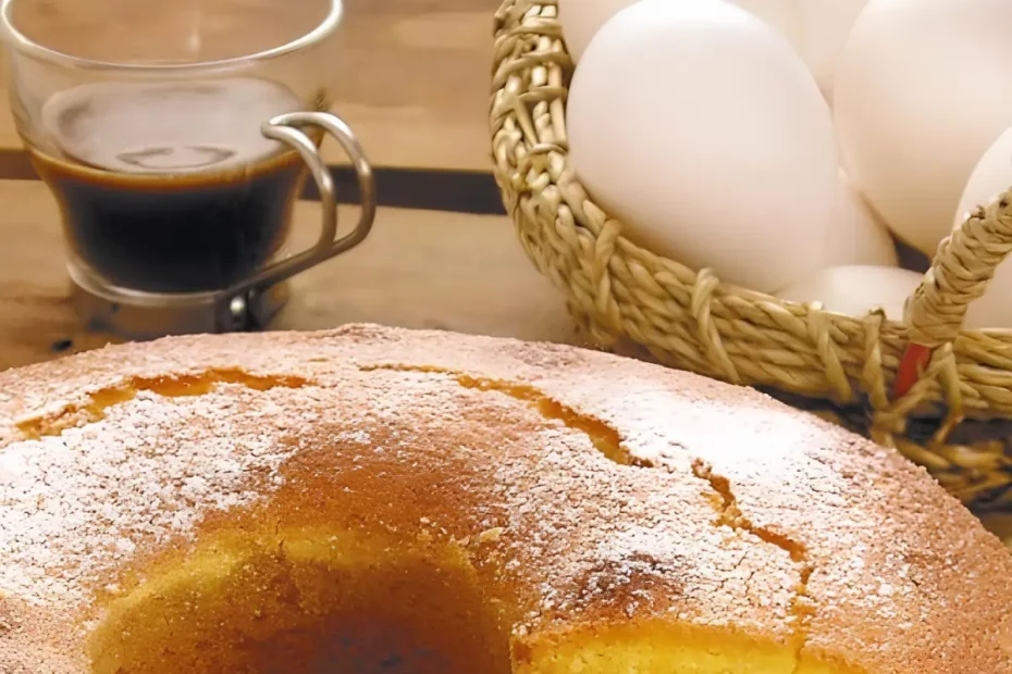 Uma mesa preparada para um café da tarde com um bolo de fubá feito sem óleo.