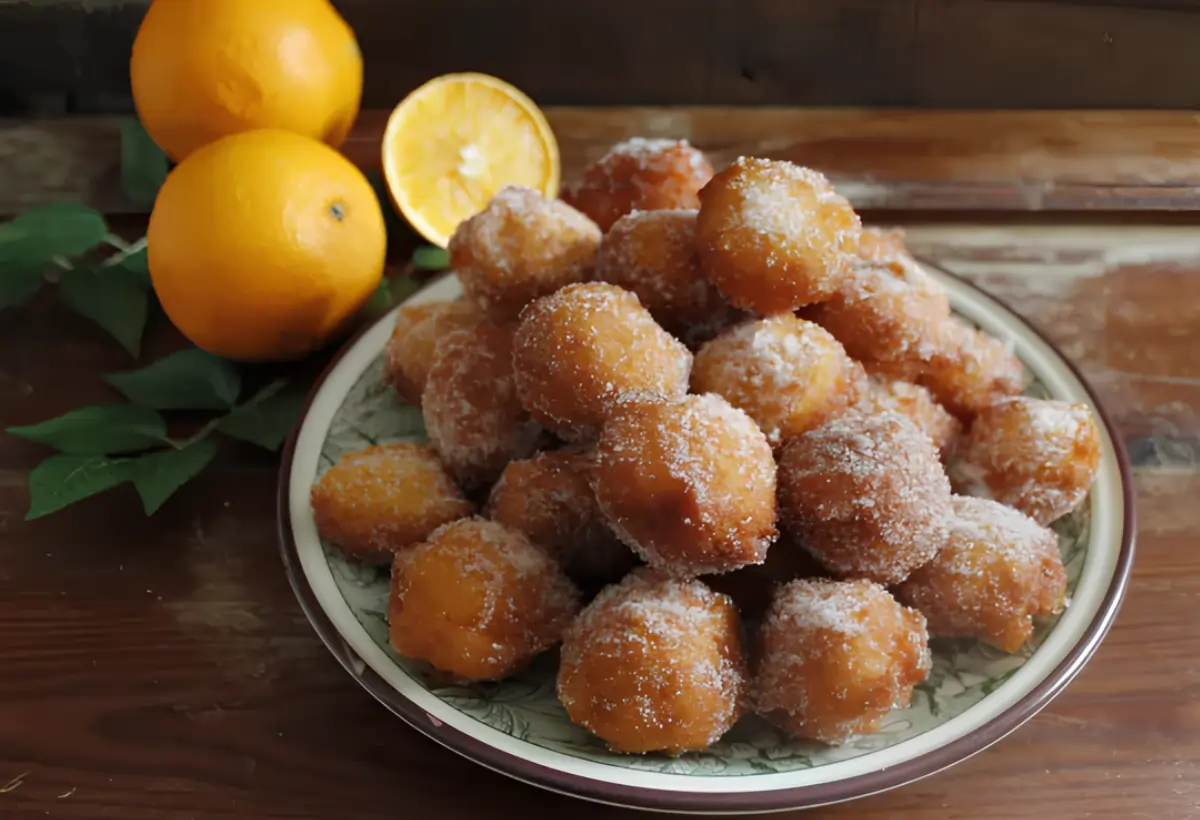 um prato com bolinhos de chuva de laranja.