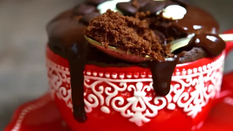 um bolo de caneca de chocolate molhadinho.