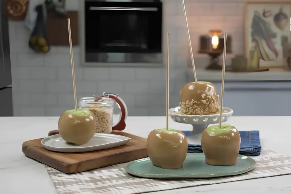 uma mesa com dois pratos e em cima deles maçãs do amor com caramelo.