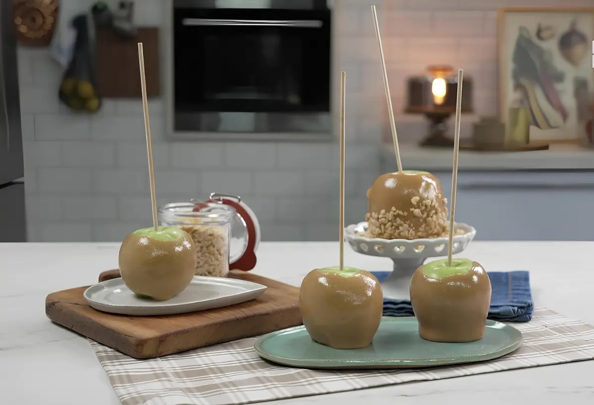 uma mesa com dois pratos e em cima deles maçãs do amor com caramelo.