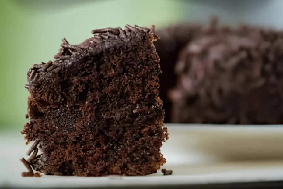 uma fatia de um bolo de chocolate.