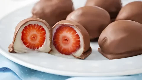 um prato com bombons de morango.