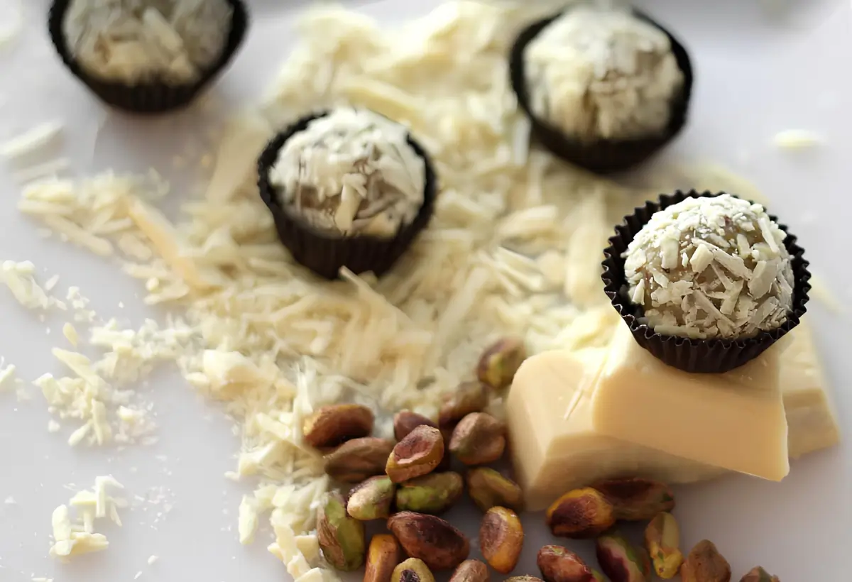 Brigadeiros de pistache com chocolate branco manga abacaxi e coco,