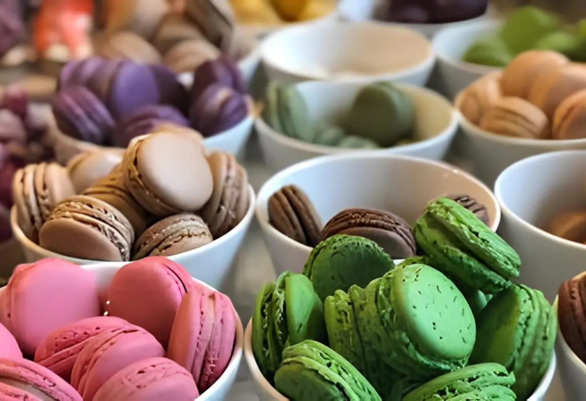 várias tigelas com macarons tradicionais.